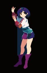 Rule 34 | 1girl, 4qw5, black background, black eyes, blue hair, blush, boots, buttons, cape, dress, hair ornament, hairband, hands up, highres, long sleeves, looking to the side, multicolored clothes, multicolored dress, multicolored hairband, multicolored headwear, pixel art, purple footwear, rainbow, rainbow print, short dress, short hair, simple background, sleeves past wrists, tenkyuu chimata, touhou, white cape, zipper, zipper dress, zipper pull tab