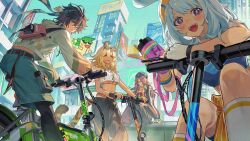 1boy 3girls animal_ears bicycle black_pants blonde_hair blue_hair chasca_(genshin_impact) fingerless_gloves fish-shaped_pupils genshin_impact gloves jaguar_ears jaguar_girl jaguar_tail kinich_(genshin_impact) kneehighs long_hair looking_at_viewer mint-tan mualani_(genshin_impact) multiple_girls official_alternate_costume open_mouth outdoors pants red_eyes sitting smile socks standing tail teeth upper_teeth_only white_gloves white_socks xilonen_(genshin_impact)