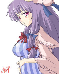 Rule 34 | 1girl, :o, blush, bow, bowtie, breasts, capelet, cardigan, covered erect nipples, dress, female focus, frills, front ponytail, hair bow, hands on stomach, hat, head tilt, highres, impossible clothes, impossible dress, large breasts, long hair, looking at viewer, patchouli knowledge, pink eyes, purple eyes, purple hair, shiny clothes, simple background, solo, striped, touhou, upper body, very long hair, white background, wide sleeves, yuro (yuroaoj)