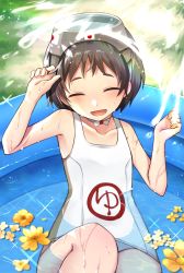 Rule 34 | 1girl, black hair, closed eyes, clothes writing, commentary request, cowboy shot, diving mask, diving mask on head, flower, goggles, goggles on head, highres, kantai collection, katsuobushi (eba games), maru-yu (kancolle), one-piece swimsuit, parted bangs, partially submerged, school swimsuit, short hair, smile, solo, swimsuit, wading pool, water, white one-piece swimsuit