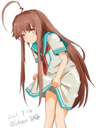 Rule 34 | 1girl, adapted costume, ahoge, aqua sailor collar, brown eyes, brown hair, celestea tera, cowboy shot, dated, dress, highres, huge ahoge, kantai collection, kuma (kancolle), leaning forward, long hair, one-hour drawing challenge, sailor collar, sailor dress, short sleeves, simple background, skirt hold, solo, twitter username, white background, white dress