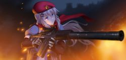 Rule 34 | 1girl, 9a-91 (girls&#039; frontline), ammunition pouch, assault rifle, beret, blue dress, blue eyes, brown gloves, commentary, dress, elbow gloves, girls&#039; frontline, gloves, gun, hair ornament, hat, henshako, highres, holding, holding weapon, pouch, puffy sleeves, red headwear, rifle, scarf, silver hair, star (symbol), star hair ornament, suppressor, trigger discipline, weapon