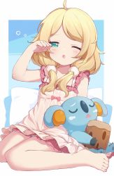 Rule 34 | 1girl, ahoge, babydoll, barefoot, blonde hair, blue background, blush, border, bow, child, clenched hand, commentary, creatures (company), eskimofox, flat chest, frills, game freak, gen 7 pokemon, green eyes, hair ornament, hair scrunchie, half-closed eye, hand up, highres, idolmaster, idolmaster cinderella girls, komala, legs, looking at viewer, low twintails, medium hair, messy hair, nintendo, one eye closed, open mouth, pajamas, pillow, pink babydoll, pink bow, pink scrunchie, pokemon, scrunchie, sitting, sleepy, solo, thighs, twintails, wariza, white border, yawning, yusa kozue