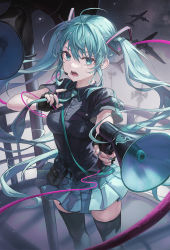 Rule 34 | 1girl, aqua eyes, aqua hair, black gloves, black jacket, breasts, commentary request, detached sleeves, fingerless gloves, floating hair, gloves, hatsune miku, highres, holding, holding megaphone, jacket, koi wa sensou (vocaloid), long hair, looking at viewer, medium breasts, megaphone, miniskirt, open mouth, outdoors, pleated skirt, short sleeves, skirt, solo, teeth, thighhighs, tokkyu, twintails, very long hair, vocaloid, zettai ryouiki