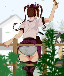 Rule 34 | 2girls, arm up, ass, black legwear, blurry, blurry background, blurry foreground, brown hair, camera, clothes lift, commentary request, crotch seam, day, depth of field, dress shirt, fence, grey panties, hair ribbon, hat, hi you (flying bear), highres, himekaidou hatate, holding, holding camera, long hair, looking at another, miniskirt, multiple girls, outdoors, panties, plant, pleated skirt, pointy ears, purple headwear, purple ribbon, purple skirt, ribbon, shameimaru aya, shirt, short hair, short sleeves, skirt, skirt caught on object, skirt lift, solo focus, standing, striped clothes, striped panties, thigh gap, thighhighs, tokin hat, touhou, underwear, vertical-striped clothes, vertical-striped panties, wardrobe malfunction, waving, white shirt, wind, wooden fence