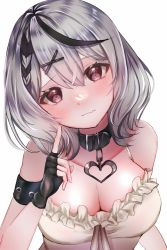 Rule 34 | 1girl, ahoge, arm strap, black collar, black gloves, black hair, blush, braid, breasts, camisole, cleavage, closed mouth, collar, commentary, fang, fingerless gloves, french braid, frilled camisole, frills, gloves, grey hair, hair between eyes, hair ornament, head tilt, heart collar, highres, hololive, index finger raised, large breasts, looking at viewer, medium hair, multicolored hair, no jacket, pokeeeo o, red eyes, sakamata chloe, simple background, single braid, skin fang, sleeveless, solo, streaked hair, two-tone hair, upper body, virtual youtuber, white background, white camisole, x hair ornament