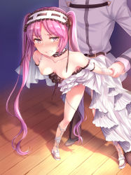 Rule 34 | 1boy, 1girl, arm strap, bare shoulders, belt, belt buckle, bent over, black belt, black footwear, black pants, black ribbon, blush, breasts, breasts apart, breasts out, buckle, choker, clenched teeth, clothed sex, collarbone, commentary request, dress, euryale (fate), fate/grand order, fate (series), frilled choker, frilled dress, frilled hairband, frills, from above, fujimaru ritsuka (male), full body, furrowed brow, hairband, hetero, highres, holding another&#039;s wrist, implied sex, jewelry, leaning forward, lolita hairband, long hair, long sleeves, looking at viewer, nipples, nose blush, pants, purple eyes, purple hair, ribbon, ribbon-trimmed hairband, ribbon trim, sandals, sex, shade, shadow, shirt, shoes, small breasts, standing, sweat, teeth, twintails, very long hair, white choker, white hairband, white shirt, yuemanhuaikong