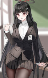 Rule 34 | 1girl, absurdres, black hair, black pantyhose, black skirt, black suit, blue archive, blunt bangs, blurry, blurry background, breasts, bright pupils, commentary request, dlnk, formal, hair ornament, hairclip, halo, highres, holding, holding tablet pc, id card, indoors, large breasts, long hair, looking at viewer, open mouth, pantyhose, pleated skirt, red eyes, rio (blue archive), skirt, smile, solo, suit, sweater, tablet pc, turtleneck, turtleneck sweater, very long hair, white sweater