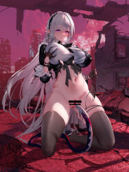 Rule 34 | 1girl, bar censor, black bow, black dress, black gloves, black hairband, black thighhighs, bottomless, bow, breasts, building, censored, city, closed mouth, closers, commentary request, covering crotch, covering privates, deep skin, dress, frilled hairband, frills, full moon, gloves, grabbing own breast, hair between eyes, hairband, half gloves, highres, huge breasts, huge moon, imminent penetration, kneeling, large breasts, levia (closers), long hair, looking at viewer, moon, no pupils, no shoes, outdoors, panties, pointy ears, post-apocalypse, purple eyes, pussy, pussy juice, red moon, ruins, shirt, skindentation, sleeves past elbows, solo, swd3e2, tearing up, tentacles, thigh strap, thighhighs, torn clothes, torn dress, underwear, unworn panties, very long hair, white hair, white shirt