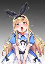 Rule 34 | 1girl, apron, black bow, blonde hair, blue dress, blush, bow, burp, dress, gradient background, green eyes, hair bow, hair ribbon, hairband, heart, heavy breathing, in heat, long hair, looking at viewer, male pubic hair, mononobe alice, mononobe alice (1st costume), nijisanji, open mouth, oral invitation, pubic hair, puffy short sleeves, puffy sleeves, ribbon, saliva, sekino takehiro, short sleeves, signature, smile, solo, stray pubic hair, tongue, tongue out, very long hair, virtual youtuber