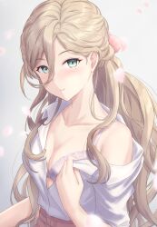Rule 34 | 1girl, absurdres, blonde hair, bra, breasts, collarbone, green eyes, hair between eyes, highres, kantai collection, long hair, looking at viewer, medium breasts, mole, mole under eye, mole under mouth, monoku, partially unbuttoned, richelieu (kancolle), shirt, smile, solo, underwear, upper body, white bra, white shirt
