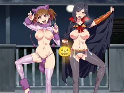 Rule 34 | 2girls, animal ears, arm up, blue eyes, blue hair, blush, breasts, breath, brown hair, cape, cat ears, censored, condom, condom belt, cosplay, crotchless, fake animal ears, fake tail, fangs, female focus, fukuzawa yumi, functionally nude, fur trim, groin, hair ribbon, halloween, hand up, happy, highres, holding, large breasts, legs apart, long hair, looking at viewer, maria-sama ga miteru, mizuryu kei, moon, mosaic censoring, multiple girls, nail polish, navel, night, nipples, no panties, ogasawara sachiko, open mouth, outdoors, pantyhose, pink nails, pussy, red eyes, revealing clothes, ribbon, size difference, sky, smile, standing, tail, thong, tongue, tongue out, tree, twintails, vampire