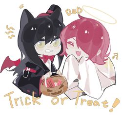 Rule 34 | 2girls, :d, ^ ^, animal ears, arknights, beamed sixteenth notes, black hair, black headwear, black jacket, black vest, bow, bowtie, clenched teeth, closed eyes, commentary request, cropped torso, exusiai (arknights), ghost costume, hair between eyes, hair over one eye, halloween bucket, halo, hands up, haobuguniao, hat, highres, holding, jacket, looking at viewer, mini hat, mini top hat, mini wings, motion lines, multiple girls, musical note, notice lines, open mouth, red bow, red bowtie, red hair, red wings, shirt, simple background, smile, teeth, texas (arknights), tilted headwear, top hat, trick or treat, upper body, vest, white background, white shirt, wings, yellow eyes