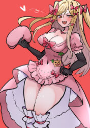 Rule 34 | 1girl, :d, black gloves, blonde hair, bow, breasts, cleavage, covered navel, elbow gloves, fang, gloves, hair bow, hat, heart, highres, holding, holding clothes, holding hat, jack-o&#039;-lantern, jack-o&#039;-lantern ornament, jewelry, lambdadelta, large breasts, long28, long hair, open mouth, pendant, pink hat, red background, red bow, sidelocks, simple background, smile, socks, solo, thighs, umineko no naku koro ni, unworn hat, unworn headwear, white socks, yellow eyes