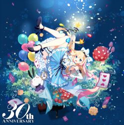Rule 34 | 1girl, ankle strap, aqua eyes, arm up, balloon, black footwear, blonde hair, bow, bowtie, bridal garter, card, copyright request, creature, detached sleeves, floating, full body, hair bow, holding, holding wand, honda tamanosuke, long hair, looking at viewer, mushroom, open mouth, outstretched arm, playing card, pocket watch, solo, wand, watch, white bow, white bowtie, white sleeves