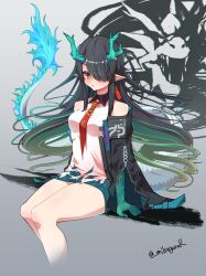 Rule 34 | 1girl, :o, absurdres, antlers, arknights, artist name, black hair, black jacket, blue skirt, breasts, collared shirt, colored inner hair, colored skin, dragon girl, dragon tail, dusk (arknights), fur-tipped tail, green hair, grey background, highres, horns, jacket, jacket partially removed, long hair, long sleeves, looking at viewer, medium breasts, mikagura, multicolored hair, multicolored skin, necktie, orange eyes, pointy ears, red necktie, shirt, simple background, sitting, skirt, sleeveless, solo, tail, torn clothes, torn shirt, twitter username, white shirt