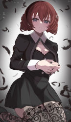 Rule 34 | 1girl, absurdres, black dress, black hairband, black jacket, black nails, black thighhighs, blue eyes, blush, breasts, brown hair, buttons, cleavage, cropped jacket, dress, drill hair, emma verde, fingernails, freckles, hairband, highres, jacket, juliet sleeves, kneeling, lace, lace legwear, lace thighhighs, large breasts, long sleeves, looking at viewer, love live!, love live! nijigasaki high school idol club, nail polish, puffy sleeves, pukonuu, serious, short dress, short hair, shrug (clothing), solo, thighhighs, thighs, twin drills
