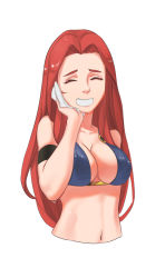 Rule 34 | 1girl, arm strap, bikini, blue bikini, breasts, cleavage, closed eyes, embarrassed, green eyes, grin, hair intakes, hand on own cheek, hand on own face, handkerchief, kantai collection, large breasts, long hair, pacific (kancolle), red hair, sima naoteng, smile, solo, swimsuit, upper body, uss argonaut (ss-166), wet