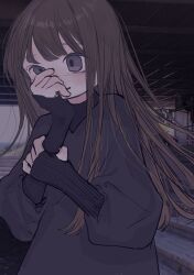 Rule 34 | 1girl, absurdres, black eyes, black sweater, brown hair, commentary request, grabbing own arm, hand on own face, highres, long hair, long sleeves, original, outdoors, parted lips, photo background, ribbed sweater, sleeves past wrists, solo, stairs, sweater, upper body, yunoki itsugu