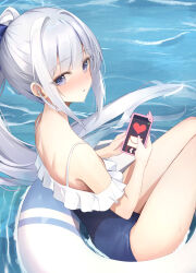 Rule 34 | 1girl, blue archive, blue bow, blue eyes, blue one-piece swimsuit, blunt bangs, blush, bow, casual one-piece swimsuit, cellphone, commentary request, feet out of frame, frilled one-piece swimsuit, frills, hair bow, heart, highres, holding, holding phone, long hair, looking at viewer, miyako (blue archive), miyako (swimsuit) (blue archive), nape, ocean, off-shoulder one-piece swimsuit, off shoulder, official alternate costume, on innertube, one-piece swimsuit, parted lips, phone, ponytail, sellf, sidelocks, sitting, smartphone, solo, sweat, swimsuit, two-tone one-piece swimsuit, very long hair, white hair, white innertube