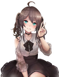 Rule 34 | 1girl, absurdres, ahoge, black bow, black bowtie, black choker, black ribbon, blouse, blue eyes, bow, bowtie, brown hair, brown skirt, choker, clothing cutout, collared shirt, earrings, flower earrings, grey shirt, grin, hair between eyes, hair ribbon, high-waist skirt, highres, hololive, jewelry, lace, lace-trimmed skirt, lace sleeves, lace trim, medium hair, nail polish, natsuiro matsuri, natsuiro matsuri (casual), pink nails, plaid, plaid shirt, puffy short sleeves, puffy sleeves, ribbon, rogi shin, see-through, see-through sleeves, shirt, short sleeves, shoulder cutout, simple background, skirt, smile, solo, twintails, v, virtual youtuber, wavy hair, white background