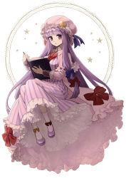 Rule 34 | 1girl, book, bow, crescent, frills, hair bow, hat, kishiro (michiko), light purple hair, long hair, looking at viewer, patchouli knowledge, purple eyes, shoes, socks, solo, star (symbol), striped, touhou, very long hair
