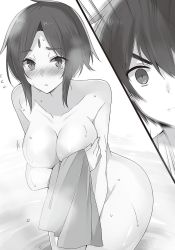 Rule 34 | 1boy, 1girl, blush, breasts, cleavage, collarbone, completely nude, covering privates, covering breasts, covering crotch, cowboy shot, greyscale, highres, kono subarashii sekai ni shukufuku wo!, large breasts, leaning forward, mishima kurone, monochrome, novel illustration, nude, official art, satou kazuma, short hair, standing, tears, topless, wolbach