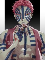 Rule 34 | 1boy, a4h2maico, abs, absurdres, akaza (kimetsu no yaiba), bare shoulders, black background, blood, blood on chest, blood on face, blood on hands, blue sclera, body markings, border, collarbone, colored eyelashes, colored sclera, facial mark, highres, japanese clothes, kimetsu no yaiba, looking at viewer, male focus, muscular, muscular male, pectorals, pink hair, short hair, solo, symbol-shaped pupils, text in eyes, twitter username, upper body, watermark, white border, yellow eyes