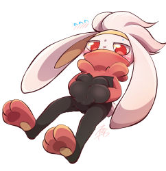 Rule 34 | 1girl, animal feet, animal nose, artist name, black fur, blush, body fur, covered mouth, creatures (company), embarrassed, feet, female focus, flat chest, flying sweatdrops, full body, furry, furry female, game freak, gen 8 pokemon, hairband, hands in pockets, highres, looking at viewer, lying, multicolored fur, negoya, nintendo, on back, orange fur, pokemon, pokemon (creature), rabbit ears, rabbit girl, rabbit tail, raboot, red eyes, short hair, shy, signature, simple background, solo, sweat, white background, white fur, white hair, yellow hairband