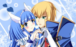Rule 34 | 10s, 1boy, 1girl, angel wings, aoki reika, aqua eyes, arc system works, bad id, bad pixiv id, blazblue, blazblue: calamity trigger, blonde hair, blue background, blue eyes, blue hair, blue theme, blush, cape, couple, crossover, cure beauty, eien no kurayami, eye contact, gem, gloves, hair tubes, head hings, head wings, heart, heart hands, heart hands duo, hetero, hime cut, japanese clothes, jewelry, kisaragi jin, long hair, looking at another, military, military uniform, power connection, precure, ribbon, smile precure!, tiara, uniform, wings