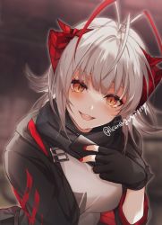 Rule 34 | 1girl, antennae, arknights, black gloves, black jacket, black scarf, blush, breasts, commentary request, demon girl, detonator, fingerless gloves, gloves, grey hair, holding, horns, jacket, kanengomi, large breasts, looking at viewer, nail polish, open mouth, orange eyes, red nails, scarf, sidelocks, solo, twitter username, upper body, w (arknights)