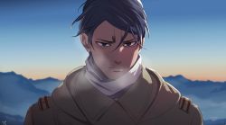 Rule 34 | 1boy, beige coat, black eyes, black hair, breath, buttons, closed mouth, coat, commentary request, dark-skinned male, dark skin, dawn, golden kamuy, hood, hood down, imperial japanese army, koito otonoshin, looking at viewer, male focus, military, military uniform, outdoors, parted bangs, scarf, short hair, sky, solo, standing, star (symbol), tr (lauralauraluara), uniform, upper body, white scarf