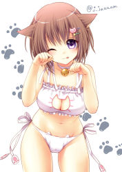 Rule 34 | 1girl, ;p, aimori meguru, animal ears, bell, blush, breasts, brown hair, cat cutout, cat ears, cat lingerie, choker, cleavage, cleavage cutout, clothing cutout, hair ornament, hairclip, jingle bell, looking at viewer, md5 mismatch, meme attire, navel, neck bell, one eye closed, original, panties, paw pose, purple eyes, short hair, side-tie panties, solo, tongue, tongue out, twitter username, underwear, white background, white panties