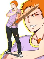 Rule 34 | absurdres, action, blouse, dagger, dated, fire, half-closed eyes, highres, kitsunearts, knife, male focus, mikael aquino, orange hair, pants, purple shirt, shirt, shoes, smile, solo, standing, sword, the black dragon, torn clothes, weapon