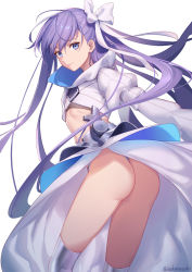 Rule 34 | 1girl, ass, blue eyes, bow, breasts, closed mouth, fate/grand order, fate (series), hair bow, hair ribbon, long hair, looking at viewer, meltryllis (fate), meltryllis (third ascension) (fate), midriff, purple hair, ribbon, sakanasoko, simple background, small breasts, smile, solo, standing, thighs, twitter username, white background, white bow, white ribbon