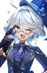 Rule 34 | 1girl, absurdres, adjusting eyewear, ahoge, ascot, bespectacled, bimmy, black gloves, blue ascot, blue brooch, blue eyes, blue gemstone, blue hair, blue hat, blue jacket, cowlick, furina (genshin impact), gem, genshin impact, glasses, gloves, hair between eyes, hat, highres, jacket, light blue hair, long sleeves, looking at viewer, multicolored hair, open mouth, simple background, smile, solo, streaked hair, top hat, white background, white hair