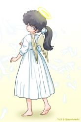 Rule 34 | 1girl, barefoot, black hair, bow, dress, full body, gradient background, grey eyes, hair bow, halo, highres, kunou kodachi, looking at viewer, looking back, ponytail, ranma 1/2, solo, standing, twitter username, wanta (futoshi), white bow, white dress, white wings, wings