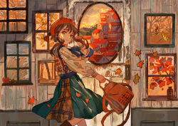 Rule 34 | 1girl, absurdres, autumn, autumn leaves, bag, beret, blue neckwear, brown eyes, brown hair, brown skirt, buchi (qooo003), earrings, falling leaves, green skirt, hand up, hat, highres, holding, holding bag, jewelry, leaf, long sleeves, looking at viewer, looking to the side, original, painting (action), plaid, plaid skirt, red bag, red hat, shirt, short hair, sidelocks, skirt, solo, tassel, two-tone skirt, white shirt, window