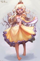 Rule 34 | 1girl, absurdres, alice (alice in wonderland), alice in wonderland, bare shoulders, barefoot, blonde hair, crown, dated, dikko, full body, has bad revision, has downscaled revision, highres, jewelry, long hair, md5 mismatch, necklace, open mouth, purple eyes, resolution mismatch, shadow, skirt hold, solo, source smaller, standing