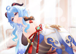 Rule 34 | 1girl, ahoge, all fours, back, backless outfit, bare shoulders, black pantyhose, blue hair, bow, breasts, chinese knot, covered erect nipples, detached sleeves, flower knot, from behind, ganyu (genshin impact), genshin impact, gold trim, highres, horns, indoors, long hair, looking at viewer, looking back, low ponytail, medium breasts, open mouth, pantyhose, purple eyes, sidelocks, solo, tassel, thighlet, vision (genshin impact), waist cape, wei gui yu, white sleeves