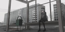 Rule 34 | 1girl, bare tree, bench, beret, black footwear, black gloves, black hat, black jacket, black pantyhose, black skirt, building, bus stop, chihuri, closed mouth, collared shirt, dress shirt, eve (chihuri), gloves, grey eyes, grey hair, grey shirt, hair between eyes, hat, highres, jacket, loafers, long hair, long sleeves, looking at viewer, open clothes, open jacket, original, outdoors, overcast, pantyhose, shirt, shoes, sitting, skirt, sky, solo, tree, very long hair