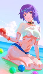 1girl alternate_costume bare_legs barefoot beach black_choker blue_eyes blue_shorts blue_sky blush braid braided_ponytail breasts choker cloud cloudy_sky collarbone day eyelashes full_body highres holding jewelry legs looking_at_viewer medium_breasts micro_shorts monogatari_(series) navel on_ground paid_reward_available parted_lips purple_hair rapa_rachi revision scrunchie see-through_clothes see-through_shirt seiza senjougahara_hitagi shadow shirt short_sleeves shorts sitting sky smile solo stomach thighs toes underboob wet wrist_scrunchie