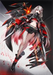 Rule 34 | 1girl, bare legs, black footwear, black skirt, boots, breasts, closed mouth, commentary, crop top, dual wielding, dutch angle, fishnet pantyhose, fishnets, flower, gauntlets, gradient hair, high collar, highres, holding, holding sword, holding weapon, horns, long hair, long legs, looking at viewer, machinery, medium breasts, midriff, miniskirt, multicolored hair, nail polish, navel, original, pantyhose, petals, red eyes, red flower, red hair, rose, silver hair, skirt, smile, solo, sword, t-track, underboob, very long hair, weapon