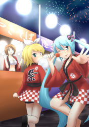 Rule 34 | 3girls, :p, aerial fireworks, blonde hair, blue eyes, blue hair, bow, breasts, brown eyes, brown hair, candy, candy apple, cleavage, fireworks, food, hair bow, hatsune miku, japanese clothes, kagamine rin, kou (haijindeath), lollipop, long hair, looking back, meiko (vocaloid), multiple girls, night, one eye closed, short hair, small breasts, tongue, tongue out, twintails, underboob, very long hair, vocaloid, wink