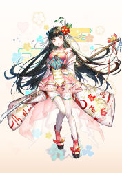 Rule 34 | 1girl, black hair, blush, dress, flower, food fantasy, hair flower, hair ornament, highres, japanese clothes, k2h, long hair, looking at viewer, pale skin, shoes, solo, sushi (food fantasy), thighhighs, yellow eyes