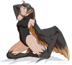 Rule 34 | 1girl, absurdres, ahoge, bare shoulders, bird legs, bird tail, black hair, black leotard, black wings, brown feathers, brown hair, closed eyes, commentary, english commentary, ev v1l, feathered wings, feathers, harpy, highleg, highleg leotard, highres, leotard, lucy (thus0), monster girl, multicolored hair, open mouth, original, pointy ears, simple background, sleeveless turtleneck leotard, tail, talons, tan, twitter username, two-tone hair, two-tone wings, winged arms, wings