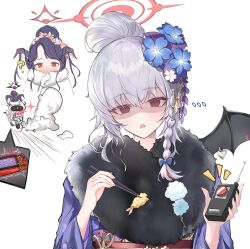 2girls ? absurdres black_hair blank_eyes blue_archive blue_kimono blue_ribbon braid chopsticks demon_girl demon_horns demon_wings detonator dynamite emil_(386) explosive floral_print flower food fur_trim fuuka_(blue_archive) fuuka_(new_year)_(blue_archive) hair_between_eyes hair_bun hair_flower hair_ornament haruna_(blue_archive) haruna_(new_year)_(blue_archive) highres holding holding_chopsticks horns japanese_clothes kimono motor_vehicle motorcycle multiple_girls on_motorcycle open_mouth purple_hair red_eyes red_sash ribbon sash shaded_face shrimp shrimp_tempura tempura white_hair white_kimono wings