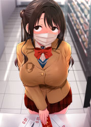 Rule 34 | 1girl, animal collar, arm behind back, black hair, blazer, blush, bow, bowtie, breasts, breath, brown eyes, buying condoms, choker, collar, commentary request, condom box, convenience store, cowboy shot, embarrassed, idolmaster, idolmaster cinderella girls, indoors, jacket, large breasts, long hair, long sleeves, looking away, mask, miniskirt, mouth mask, one side up, plaid, plaid skirt, pleated skirt, red bow, red bowtie, satou kuuki, shimamura uzuki, shop, sidelocks, skirt, solo, surgical mask, sweat, tile floor, tiles