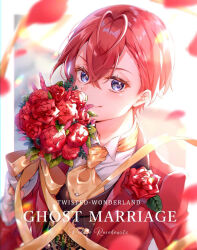 Rule 34 | 1boy, amaki ruto, antenna hair, brown vest, character name, closed mouth, copyright name, english text, flower, gloves, grey eyes, hair between eyes, holding, jacket, long sleeves, male focus, necktie, red flower, red hair, red jacket, red rose, ribbon, riddle rosehearts, rose, short hair, smile, solo, twisted wonderland, vest, white gloves, yellow necktie, yellow ribbon
