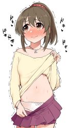 Rule 34 | 10s, 1girl, bad id, bad twitter id, bare shoulders, blush, bow, bow panties, bracelet, brown eyes, brown hair, clothes lift, clothes pull, collarbone, commentary request, cowboy shot, embarrassed, full-face blush, furrowed brow, highres, hori yuko, idolmaster, idolmaster cinderella girls, jewelry, lifting own clothes, long hair, long sleeves, looking away, navel, necklace, nervous smile, off-shoulder shirt, off shoulder, omaru gyuunyuu, panties, pleated skirt, ponytail, pulling own clothes, shirt, shirt lift, sidelocks, simple background, skirt, skirt pull, smile, solo, standing, stomach, sweat, trembling, underwear, wavy mouth, white background, white panties